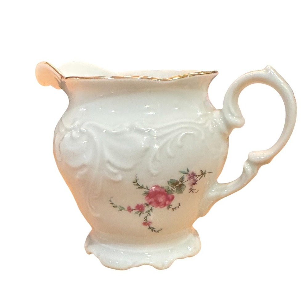 Wavel Poland Vintage Floral Porcelain Creamer Pitcher Pink Roses Gold Trim